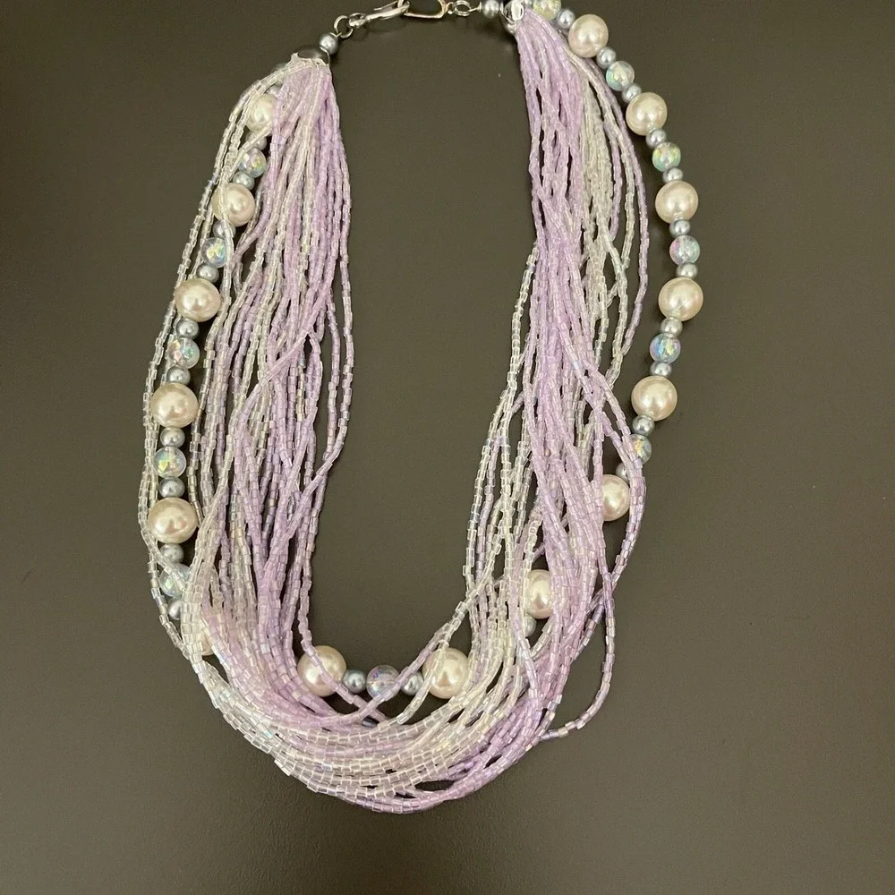 White Faux Pearl Gray Iridescent Seed Lavender Beads Multi-strands Necklace NWOT
